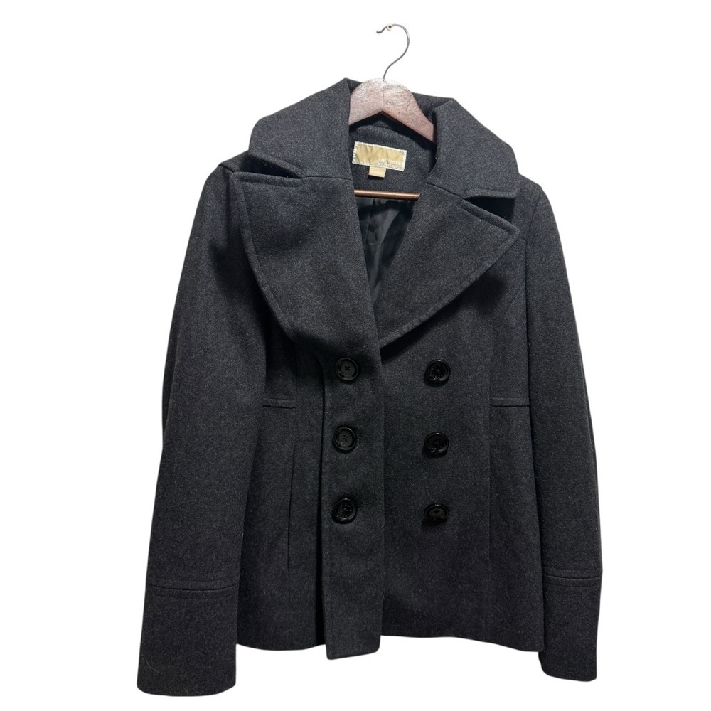 Michael Kors Double Breasted Wool Blend Lined Black Pea Coat